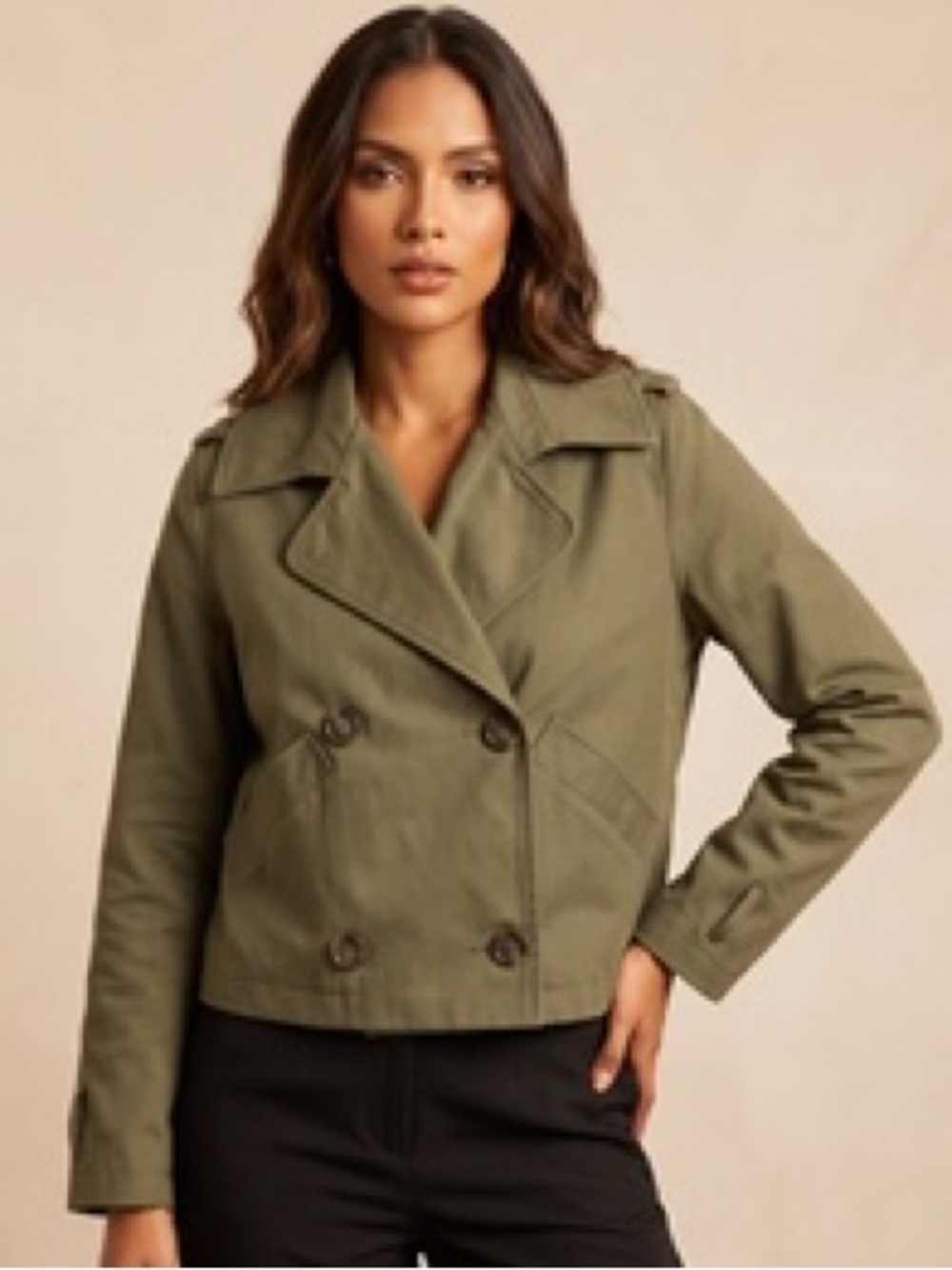 Shinestar Olive Double-Breasted Cropped Trench Coat